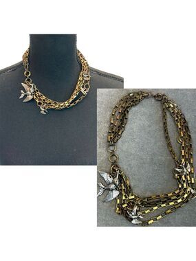 Brass toned, multi layered chain-link Hummingbird charm necklace
